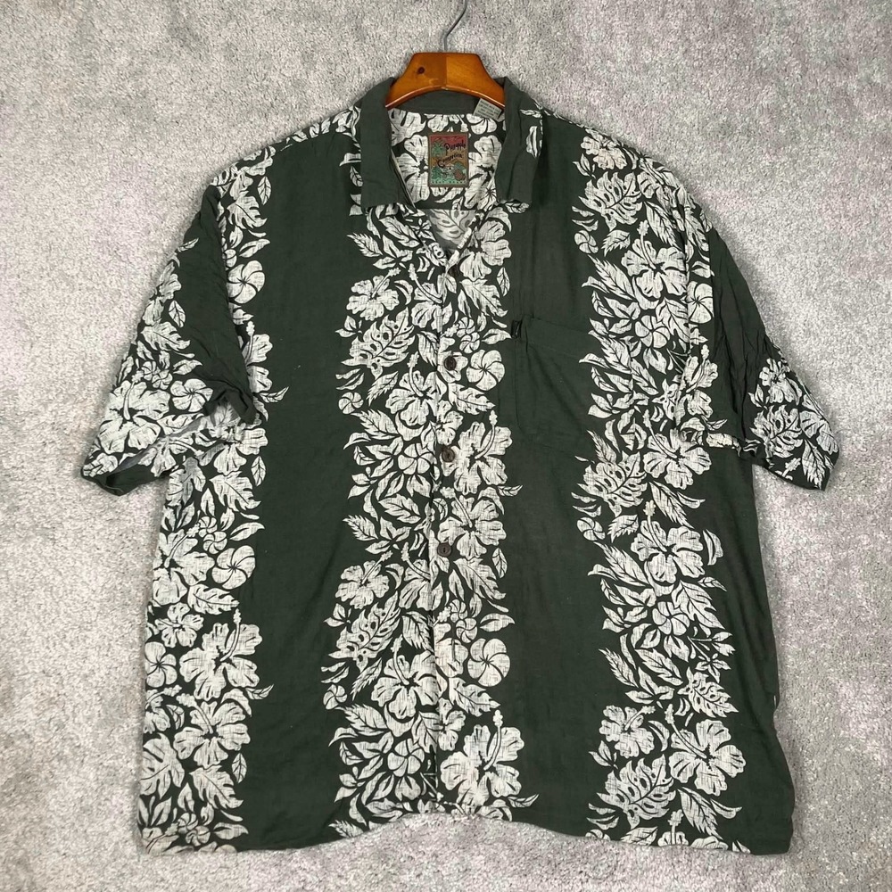 VTG Pineapple Connection Mens Hawaiian Shirt Large Green Hibiscus Floral Rayon